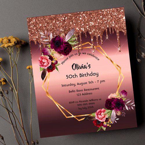 Birthday burgundy flower glitter budget invitation