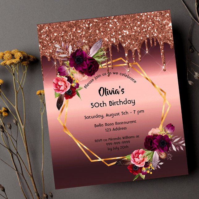Birthday burgundy flower glitter budget invitation flyer (Creator Uploaded)