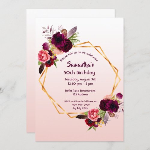 Birthday burgundy flowers rose gold geometric invitation