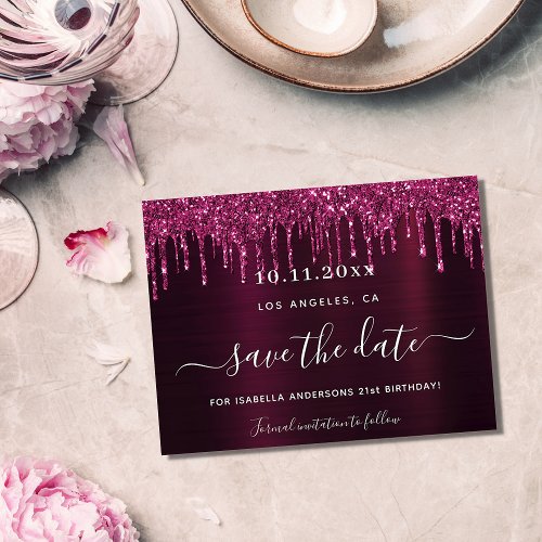 Birthday burgundy glitter budget save the date flyer