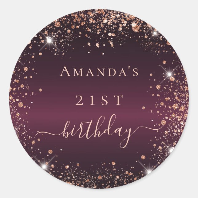 Birthday burgundy glitter dust name script classic round sticker (Front)