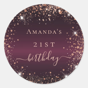 Birthday burgundy glitter dust name script classic round sticker
