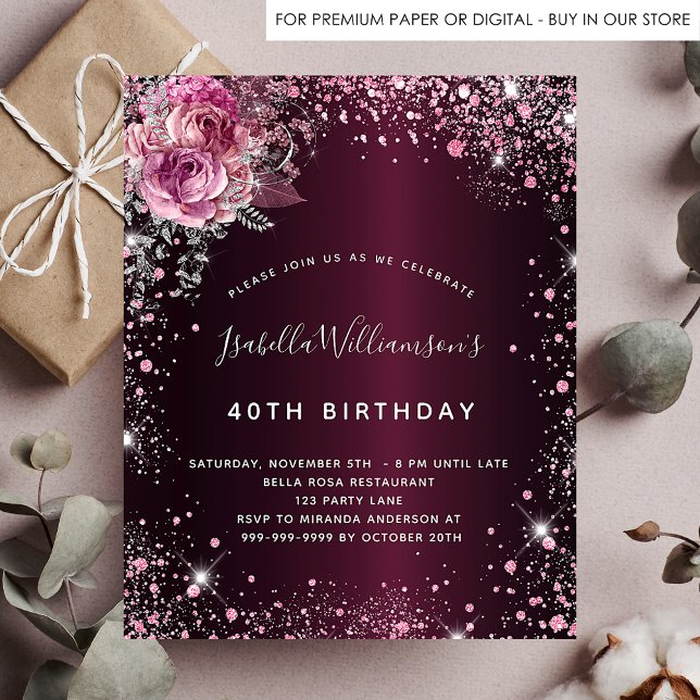 Birthday burgundy glitter floral budget invitation flyer (Creator Uploaded)