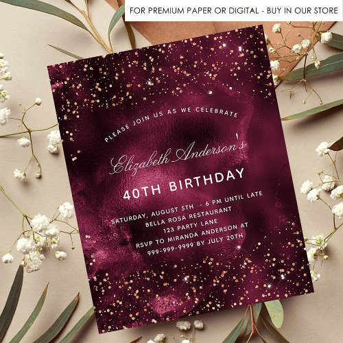 Birthday burgundy gold agate budget invitation flyer
