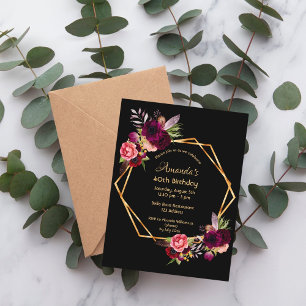 Birthday burgundy gold black invitation postcard