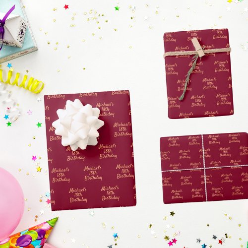 Birthday burgundy gold name script wrapping paper sheets