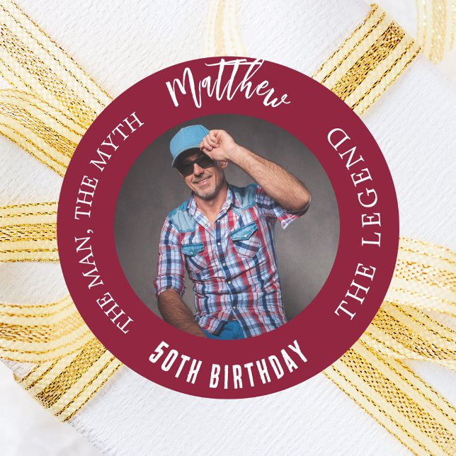 Birthday burgundy photo man myth legend classic round sticker (Creator Uploaded)