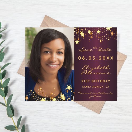 Birthday burgundy photo Save the Date card