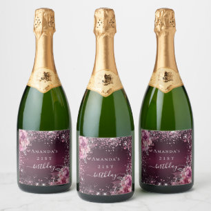 Birthday burgundy pink floral glitter name glam sparkling wine label