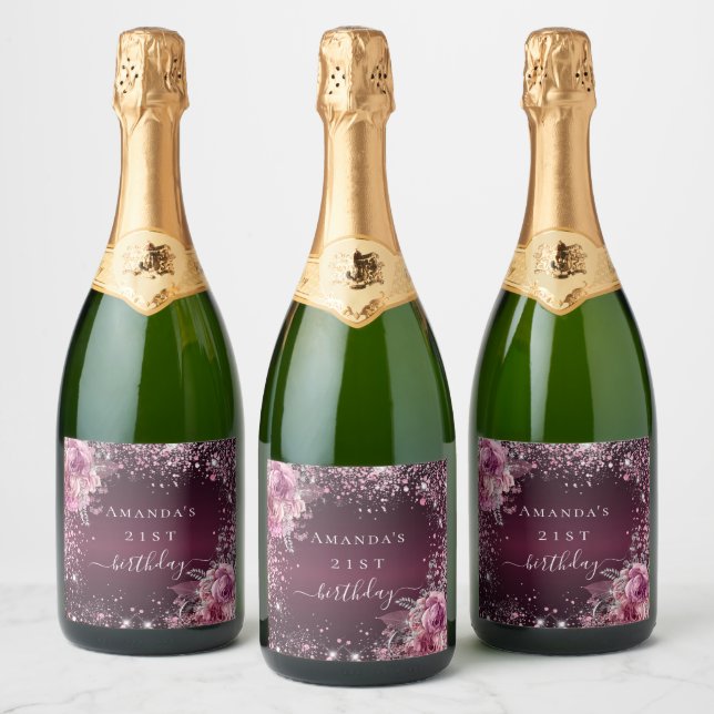 Birthday burgundy pink floral glitter name glam sparkling wine label (Bottles)