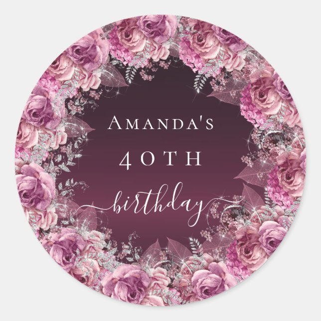 Birthday burgundy pink floral name script classic round sticker (Front)