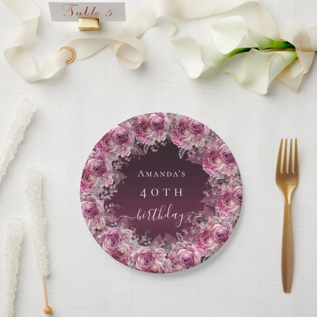Birthday burgundy pink floral name script paper plates (Wedding)