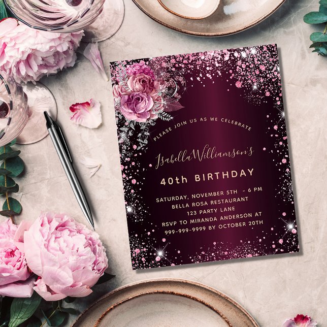 Birthday burgundy pink florals budget invitation flyer (Creator Uploaded)