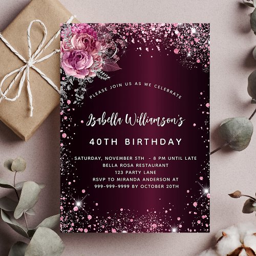 Birthday burgundy pink florals glitter glamorous invitation postcard