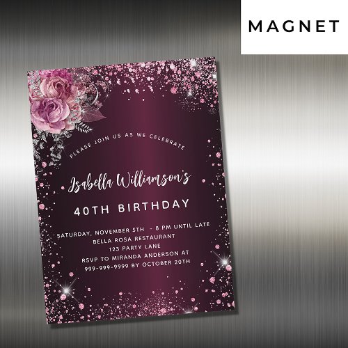 Birthday burgundy pink florals glitter luxury magnetic invitation