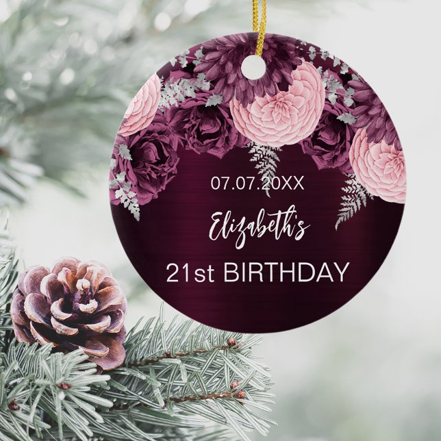 Birthday burgundy pink flowers name ceramic ornament (Creator Uploaded)