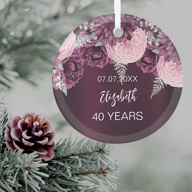 Birthday burgundy pink flowers name glass ornament (For both birthday party table decor and for decorating the Christmas tree as a keepsake)