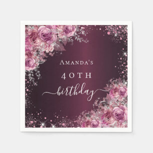 Birthday burgundy pink flowers name script napkins