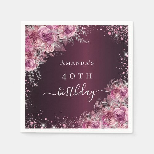 Birthday burgundy pink flowers name script napkins