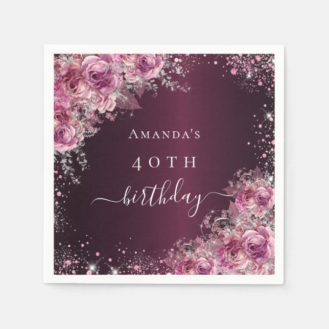 Birthday burgundy pink flowers name script napkins (Front)