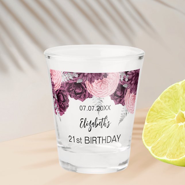 Birthday burgundy pink flowers name shot glass (Creator Uploaded)