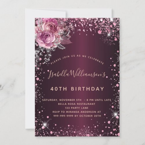 Birthday burgundy pink glitter dust floral  invitation