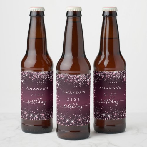 Birthday burgundy pink glitter dust name script beer bottle label