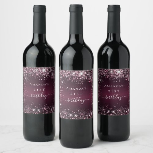 Birthday burgundy pink glitter dust name script wine label