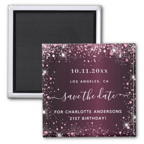 Birthday burgundy pink glitter dust save the date magnet