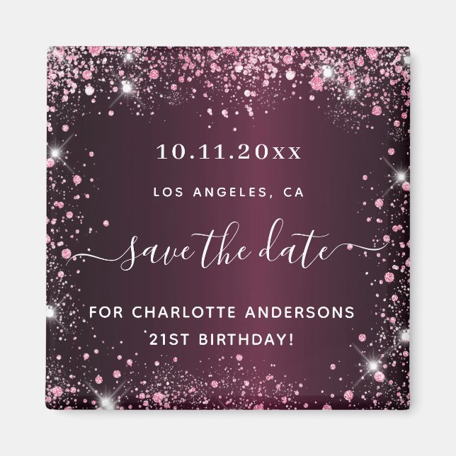Birthday burgundy pink glitter dust save the date magnet (Front)