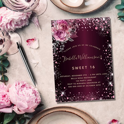 Birthday burgundy pink glitter floral glamorous invitation
