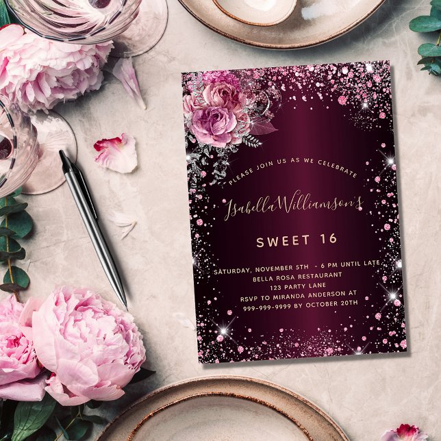 Birthday burgundy pink glitter floral glamorous invitation postcard (Creator Uploaded)