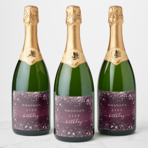 Birthday burgundy pink glitter name script sparkling wine label