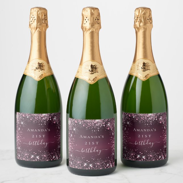Birthday burgundy pink glitter name script sparkling wine label (Bottles)