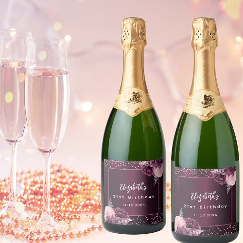 Birthday burgundy pink silver flowers sparkling wine label