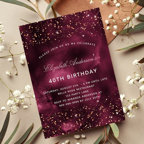 Birthday burgundy rose gold agate elegant invitation postcard