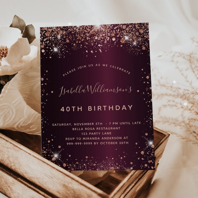 Birthday burgundy rose gold budget invitation flyer