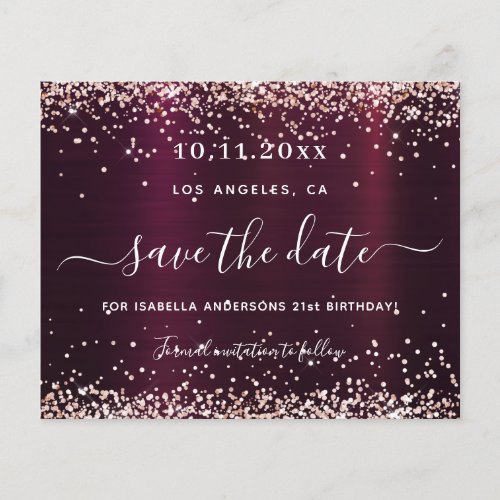 Birthday burgundy rose gold budget save the date flyer