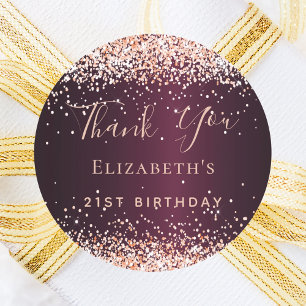 Birthday burgundy rose gold confetti thank you classic round sticker