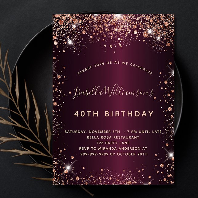 Birthday burgundy rose gold glitter dust invitation