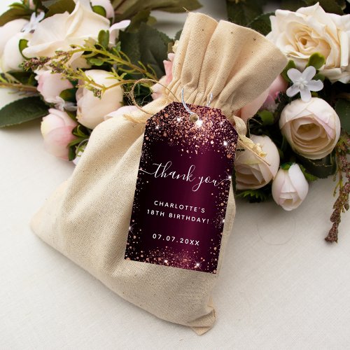 Birthday burgundy rose gold glitter thank you gift tags