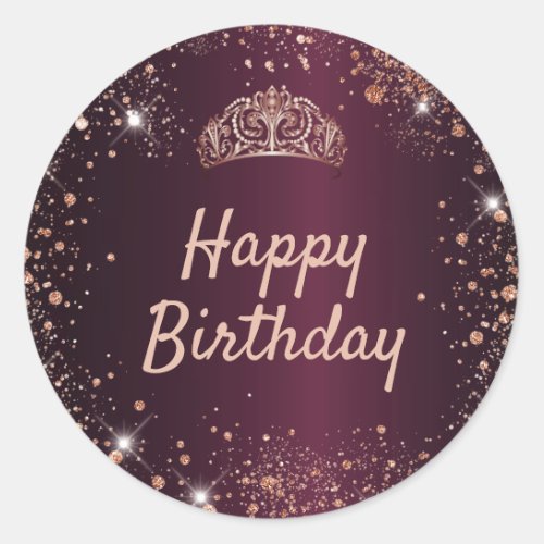 Birthday burgundy rose gold glitter tiara crown classic round sticker