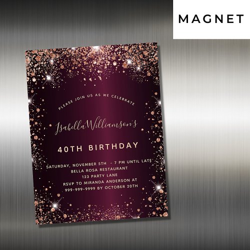 Birthday burgundy rose gold magnet invitation