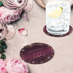 Birthday burgundy rose gold name elegant round paper coaster