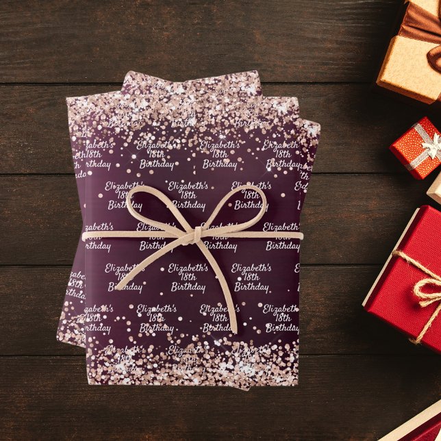 Birthday burgundy rose gold name elegant wrapping paper sheets (Creator Uploaded)