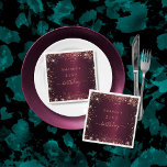 Birthday burgundy rose gold name script napkins<br><div class="desc">For an elegant 21st (or any age) birthday.  A burgundy  background color. Decorated with rose gold faux sparkles. Personalize and add a name and age. Birthday is written with a modern hand lettered style script with swashes.</div>