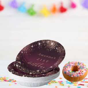 Birthday burgundy rose gold name script paper bowls