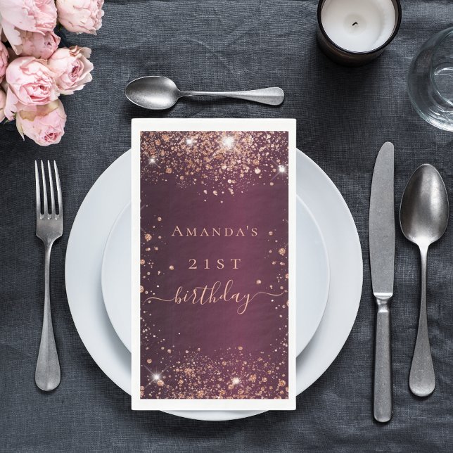 Birthday burgundy rose gold name script paper guest towels (Creator Uploaded)
