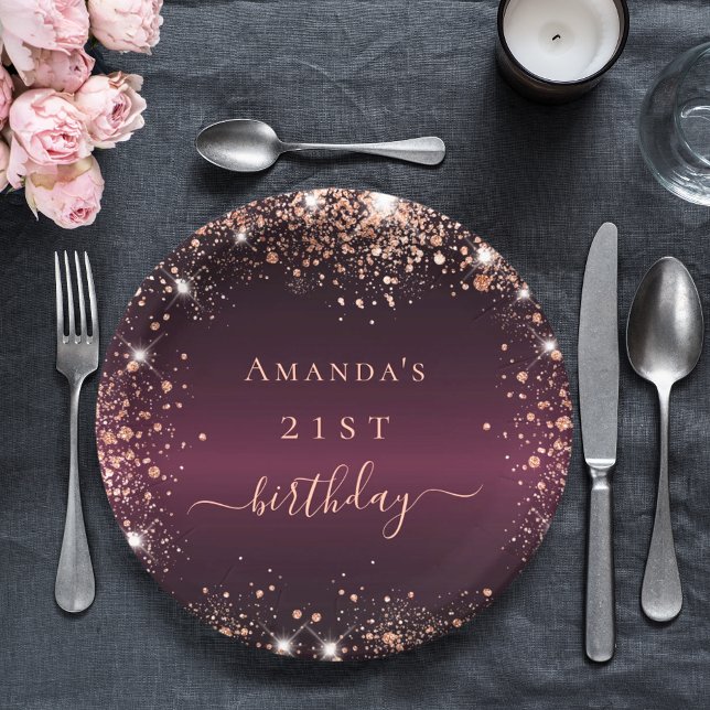 Birthday burgundy rose gold name script paper plates (Creator Uploaded)