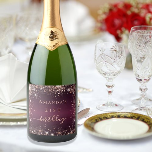 Birthday burgundy rose gold name script  sparkling wine label